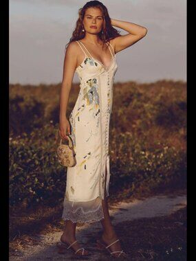 Anthropologie White Floral Lace Button-Front Slip Dress Sz 8